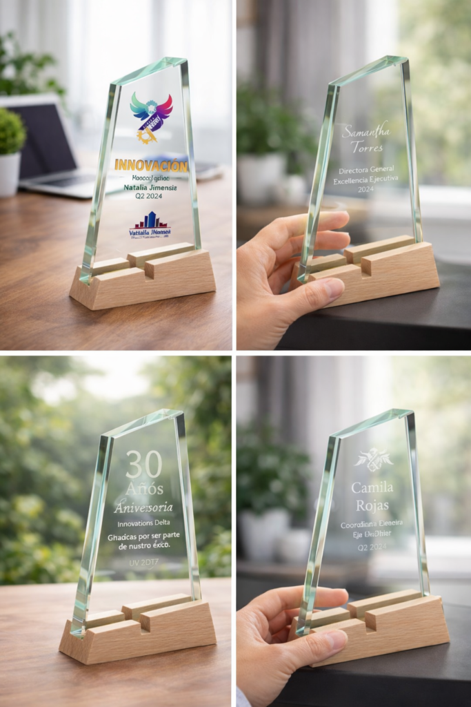 Trofeo de cristal con base de madera