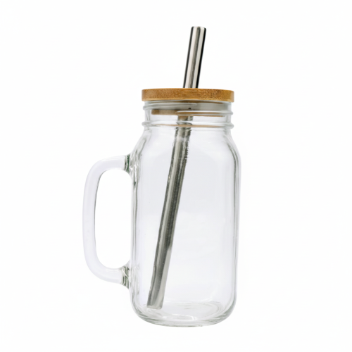Mason Jar de Vidrio con Asa, Tapa de Bambú y Popote de Acero Inoxidable - 500ml